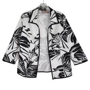 CHICO’S Leaf Print Open Front Lightweight Jacket White/Black Women's Size Medium